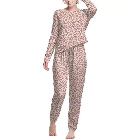 Top 10 β€οΈ Champion Long-Sleeve Top & Jogger Pants Pajama Set Animal Print Pink Beige π - Image 2
