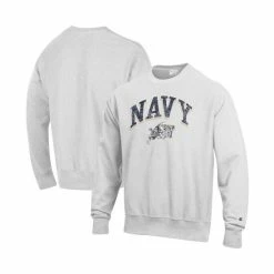 Deals 🛒 Champion Men's Gray Navy Midshipmen Arch Over Logo Reverse Weave Pullover Sweatshirt 💯