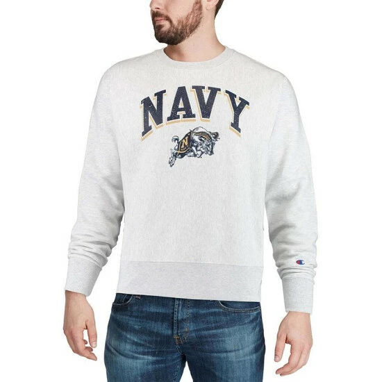 Deals π Champion Men's Gray Navy Midshipmen Arch Over Logo Reverse Weave Pullover Sweatshirt π― - Image 4