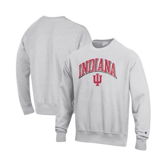 Best Sale π Champion Men's Gray Indiana Hoosiers Arch Over Logo Reverse Weave Pullover Sweatshirt π