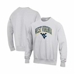 Coupon 🎁 Champion Men's Gray West Virginia Mountaineers Arch Over Logo Reverse Weave Pullover Sweatshirt 🎁
